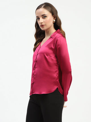 Madame Satin Bell Sleeve Collared Solid Fuschia Top