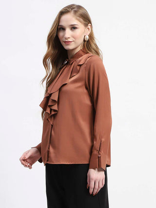 Madame Ruffle Collar Solid Rust Shirt
