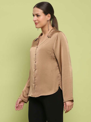 Madame Satin Bell Sleeve Collared Solid Golden Yellow Top