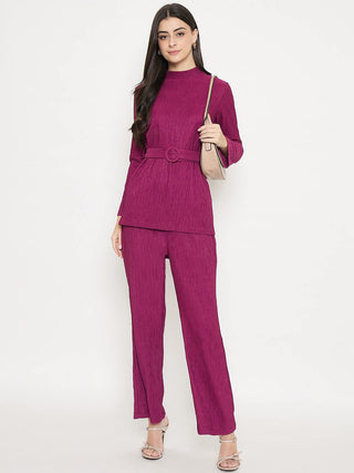 Madame Ribbed Belted Top and Bottom Plum Co-Ord Set