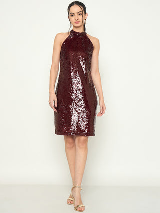Madame Halter Neck Maroon Bodycon Shimmer Dress