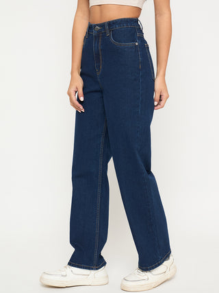 Madame Acid Wash Dark Blue Cotton Blend Straight Jeans