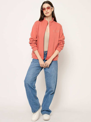 Madame Mock Neck Solid Peach Sweatshirt