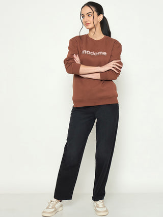 Madame Crew Neck Printed Brown Sweatshirt