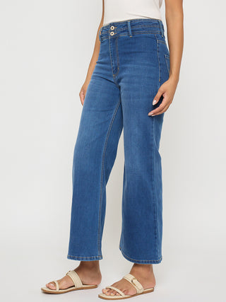 Madame Double Waisted Whiskered Wide Leg Mid Blue Jeans