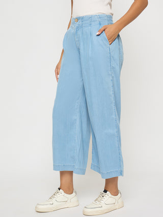 Madame Pintuck Detailed Cotton Blend Light Blue Wide Leg Jeans