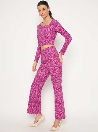 Madame Animal Print Zipped Top and Flared Bottom Pink Co-Ord Set