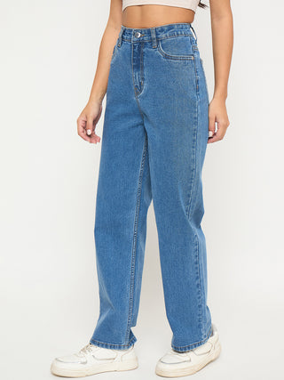 Madame Acid Wash Mid Blue Cotton Blend Straight Jeans