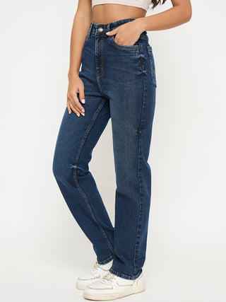 Madame Whiskered Dark Blue Cotton Blend Straight Jeans