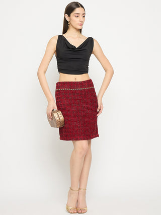 Madame Maroon Textured Tweed Mini Skirt