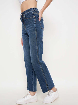 Madame Whiskered Cotton Blend Mid Blue Denim Jeans