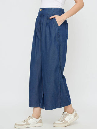 Madame Pintuck Detailed Cotton Blend Mid Blue Wide Leg Jeans