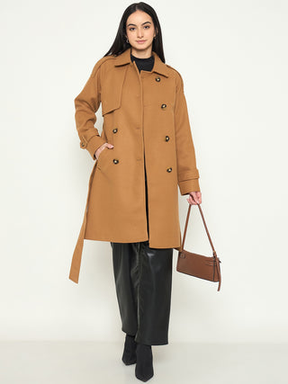 Madame Shirt Collar Khaki Long Coat with Buttons and Belt