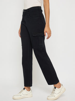 Madame Multi Pocketed Black Straight Cotton Denim Cargo