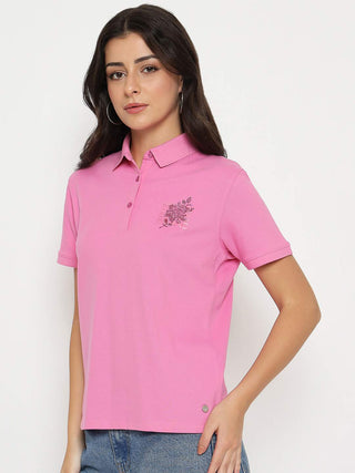 Madame Print Adorned Cotton Blend Pink  Polo T-shirt