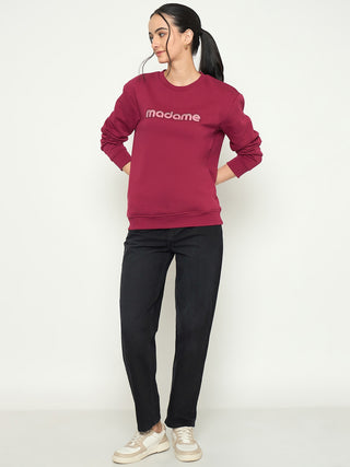 Madame Crew Neck Printed Wine Red Sweatshirt