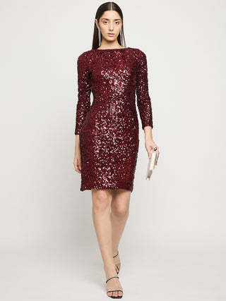 Madame Boat Neck Maroon Printed Bodycon Dress