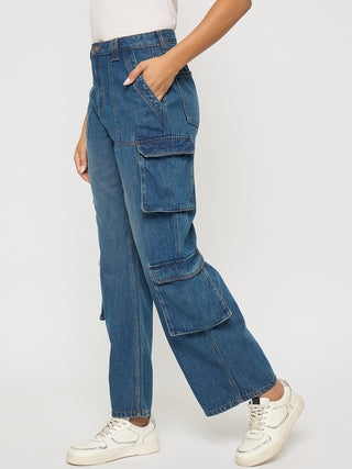 Madame Multi Pocketed Mid Blue Cotton Denim Cargo