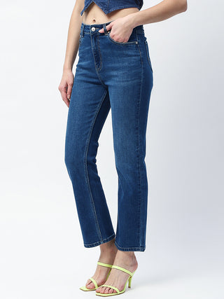 Madame Whiskered Straight Fit Dark Blue Cotton Blend Jeans