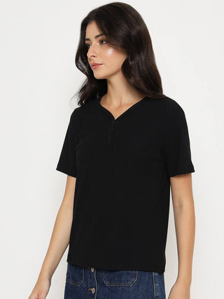 Madame Henley Neck Solid Black T-Shirt