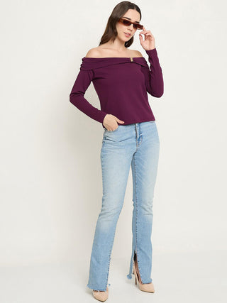 Madame Wine Red Ruched Off Shoulder Top