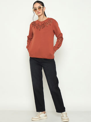 Madame Embroidered Round Neck Rust Orange Sweater