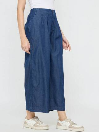Madame Pintuck Detailed Cotton Blend Mid Blue Wide Leg Jeans