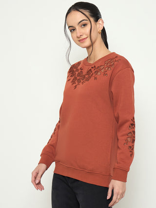 Madame Embroidered Round Neck Rust Orange Sweater