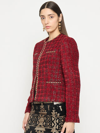Madame Round Neck Embellished Maroon Tweed Coat
