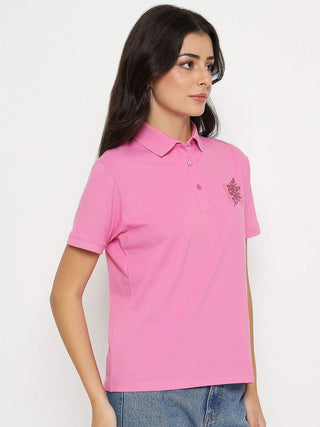 Madame Print Adorned Cotton Blend Pink  Polo T-shirt