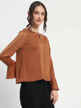 Madame Solid Golden Ruffle Sleeve Satin Top