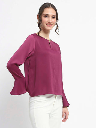 Madame Solid Plum Ruffle Sleeve Satin Top