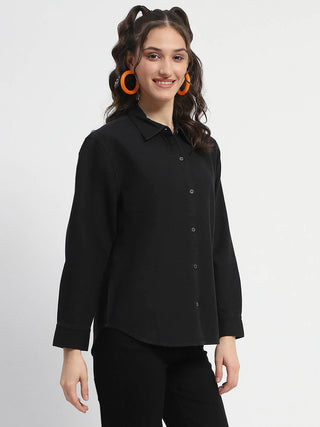 Madame Grey Wash Solid Black Button Down Denim Shirt