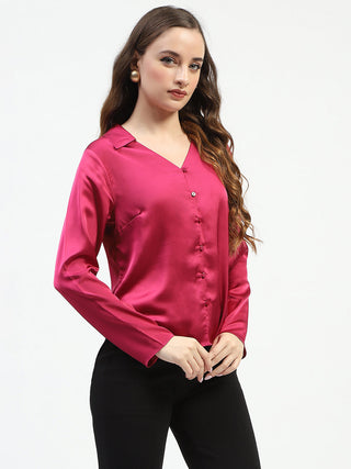Madame Satin Bell Sleeve Collared Solid Fuschia Top