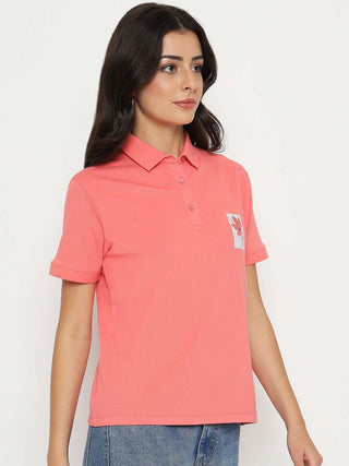 Madame Graphic Print Adorned Cotton Blend Coral Polo T-shirt