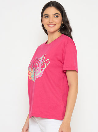 Madame Embroidered Hot Pink Cotton T-shirt
