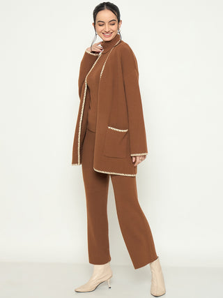 Madame Three Piece Solid Brown Knit Co-ord Set
