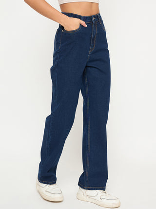 Madame Acid Wash Dark Blue Cotton Blend Straight Jeans