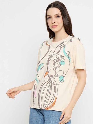Madame Abstract Print Cotton Beige Half T-shirt