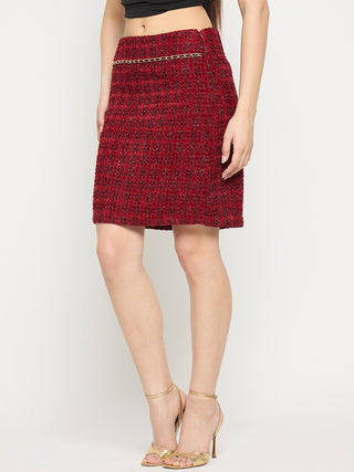 Madame Maroon Textured Tweed Mini Skirt