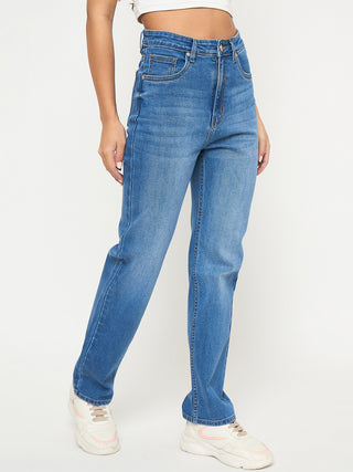 Madame Acid Wash Mid Blue Straight Cotton Blend Jeans