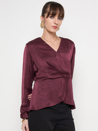 Madame Solid Maroon Overlap Asymmetrical Ruched Sleeve Satin Top