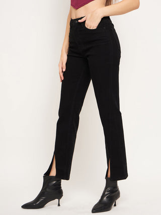 Madame Front Slit High-Rise Straight Black Jeans