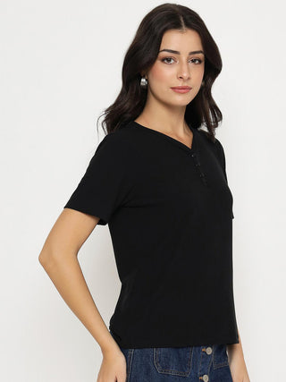 Madame Henley Neck Solid Black T-Shirt