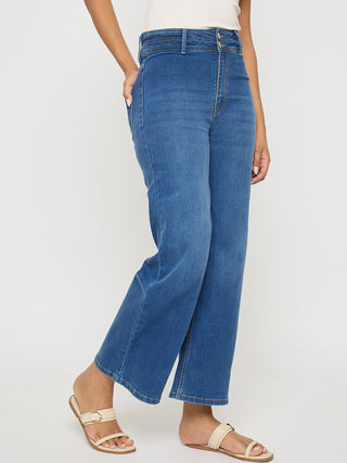 Madame Double Waisted Whiskered Wide Leg Mid Blue Jeans