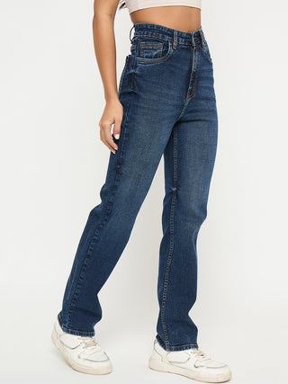 Madame Whiskered Dark Blue Cotton Blend Straight Jeans