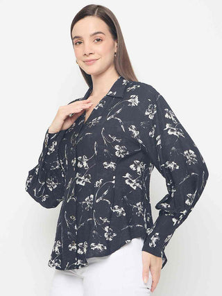 Madame Floral Print Pintuck Detailed Black Shirt