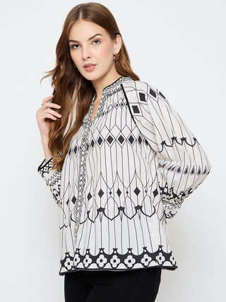 Madame Floral Print Cotton Blend Black Top