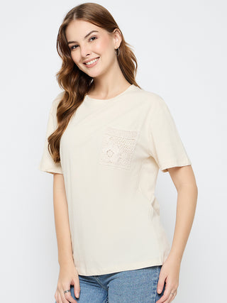 Madame Embroidered Patch Pocket Beige Cotton T-shirt