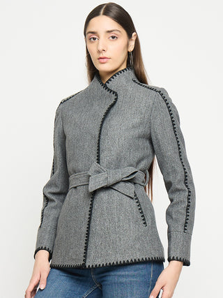 "Madame Wrap Style Belted Grey Coat